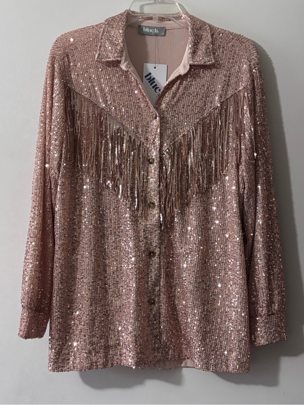 blue.b Rose Gold Sequin Fringe Button-Front Blouse
